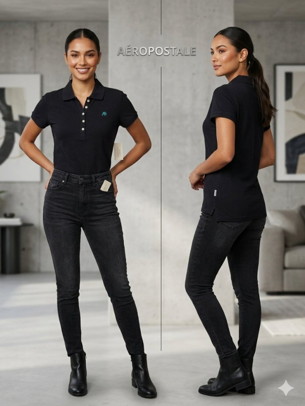 NEW Aeropostale Women's Black A87 Heritage Polo Shirt Short Sleeve - Size XL